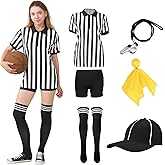 6Pcs Referee Shirt Womens Set Black & White Stripe Umpire Jersey, Halloween Referee Costume for Halloween Cosplay