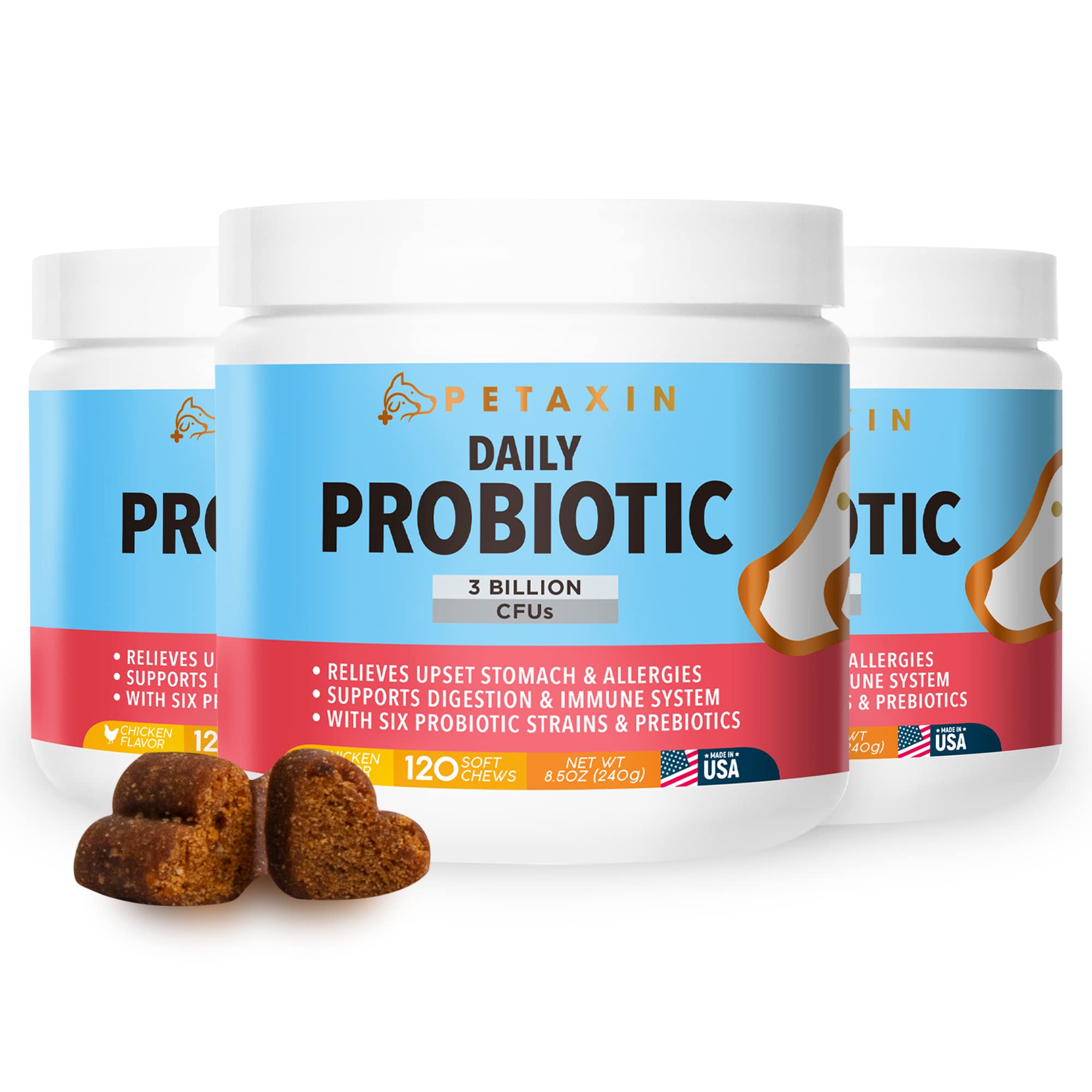 Petaxin Probiotics for Dogs - 6 Strains with Prebiotics - Supports Digestive and Immune System – Relief for Diarrhea, Bad Breath, Allergies, Gas, Constipation, Hot Spots - Made in USA - 360 Chews Image