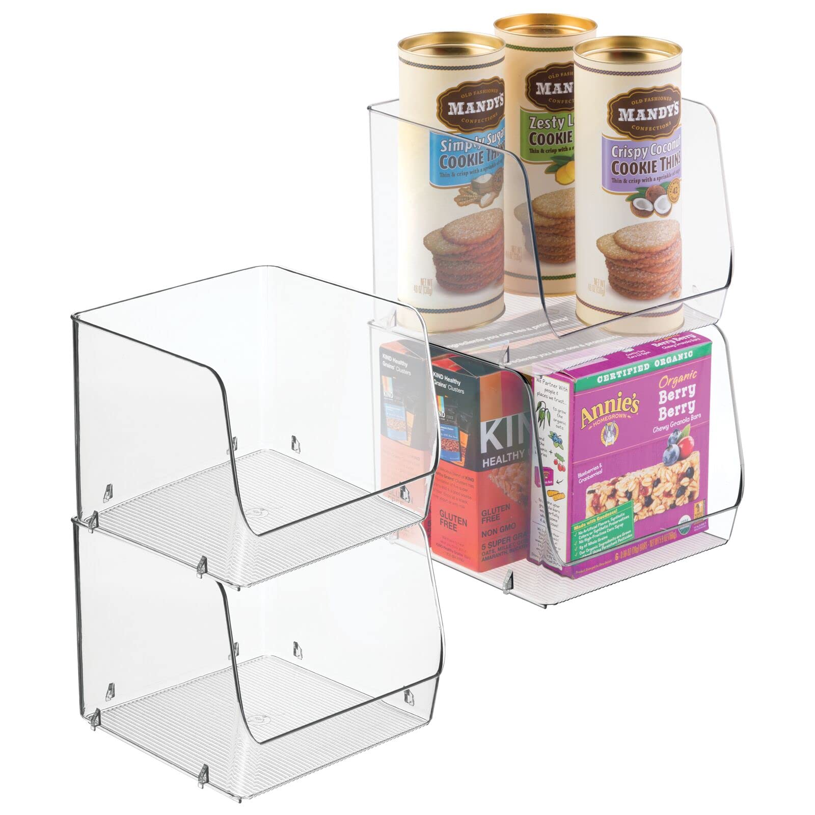 mDesign Stackable Plastic Storage Boxes - Pack of 4 - Kitchen Storage and Organiser Bins - Clear