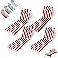 VKETU Outdoor Chaise Lounge Cushion, High-Density Foam Fill Patio Furniture Bench Cushions with Ties, Thicken Waterproof Replacement Back Chaise Cushions for Pool, Sand Beach (Red White Stripes 4pc)