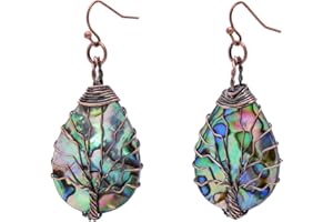 Tree of Life Hand Wrapped Sea Abalone Shell Earrings for Women, Antique Bronze Copper