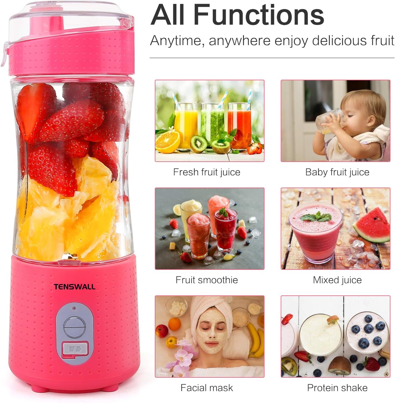Portable Blender, Smoothie Blenders, Personal Size Blender USB Rechargeable Smoothies and Shakes Juicer Cup, 4000mAh Battery Strong Power Pink: Kitchen & Dining