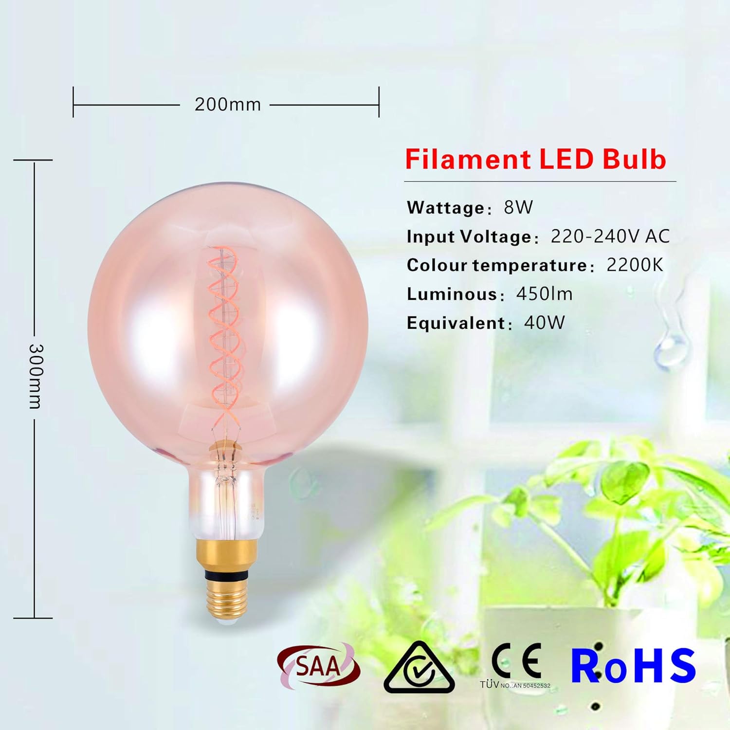 SD LUX E27 Vintage Light Bulbs LED Globe 8W 450LM (40W Equi.) Pendant Light XXL Decorative Light Bulbs Large Vintage Edison Bulbs Dimmable Pendant Lighting Warm White 2200K,1 Pack (G200SL-EU) - Image 4