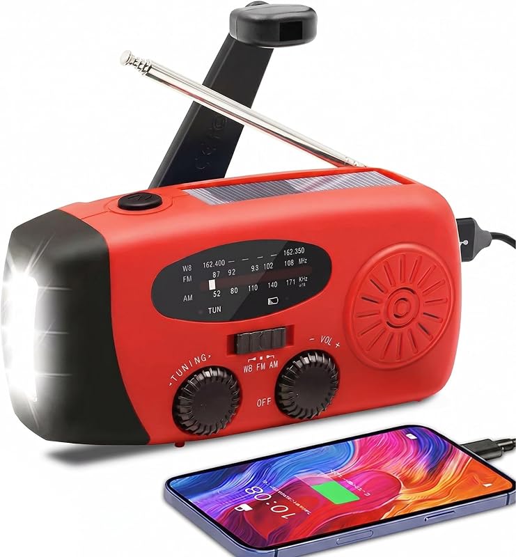 RÁDIO SOLAR DE EMERGÊNCIA com manivela e carregamento USB-C, rádio portátil AM/FM com bateria recarregável de 2000mAh, lanterna LED, power bank, ideal para campismo, sobrevivência, excursões, apagões e casa — foto 1 de 8