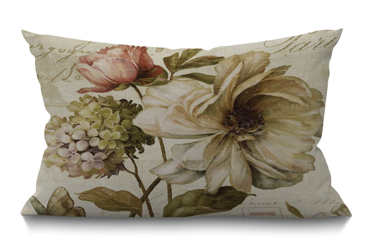 BGBDEIA Farmhouse Cushion Cover Vintage Flower Print 12" x 20" Lumbar Pillow Covers Home Decorative Cotton Linen Pillow Case for Sofa Couch Housewarming Gifts Family Room Décor 30 x 50 cm