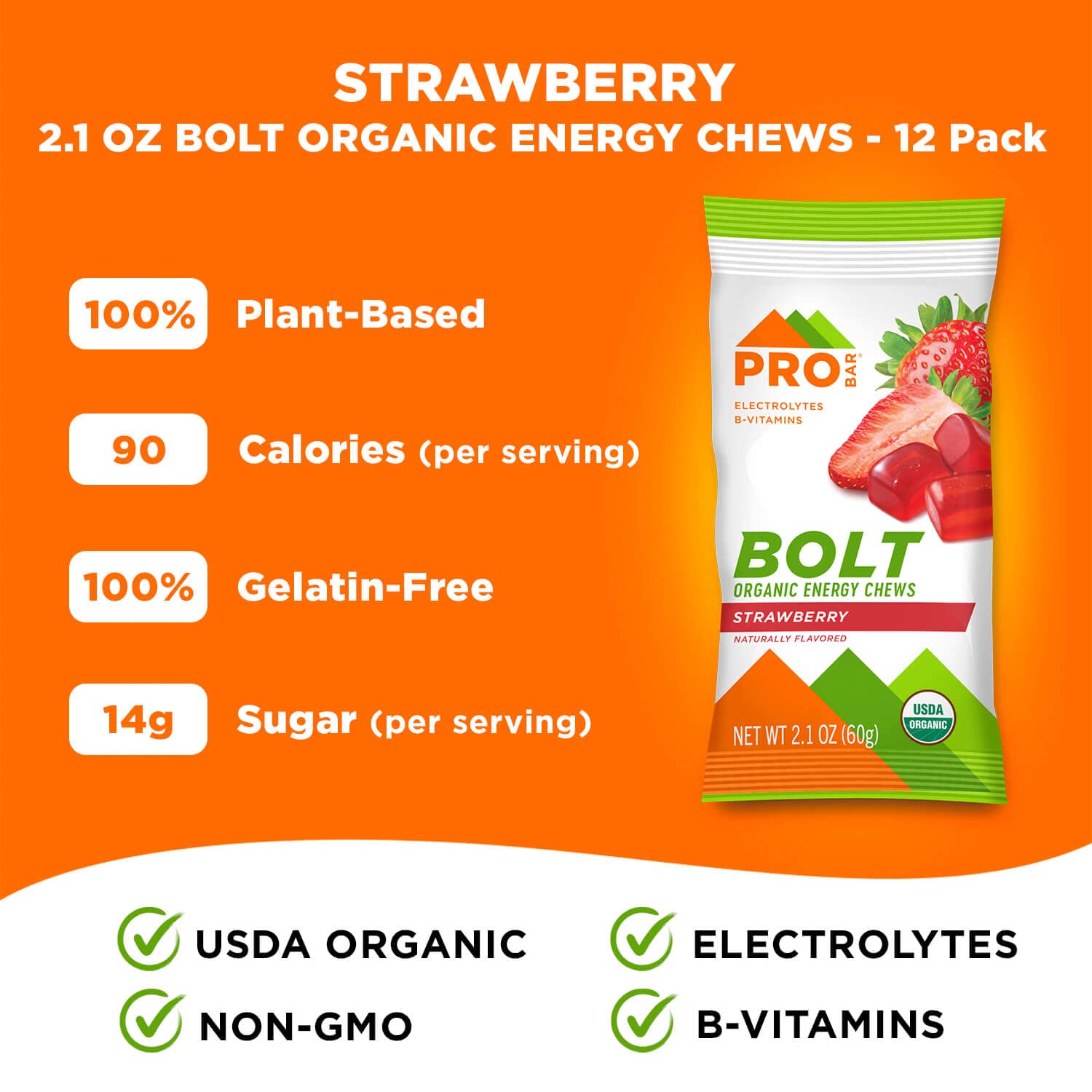 PROBAR - Bolt Organic Energy Chews, Strawberry, Non-GMO, Gluten-Free, USDA Certified Organic, Healthy, Natural Energy, Fast Fuel Gummies with Vitamins B & C (12 Count)