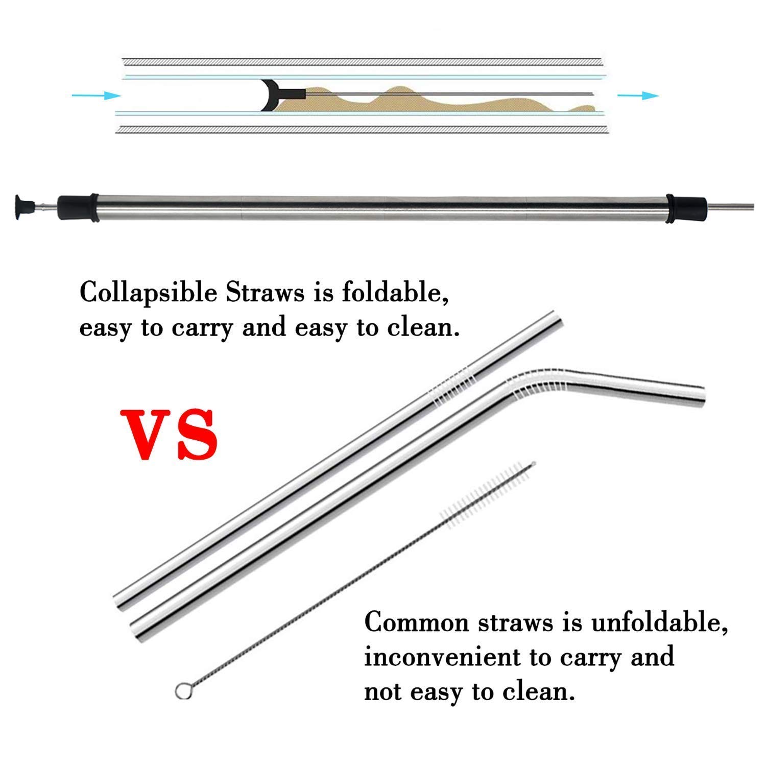 2 Packs Collapsible Reusable Straw, Gocheer Stainless Steel and Food-Grade Silicone Portable Set, with Hard Case Holder and Cleaning Brush, for Party, Travel, Household, Outdoor, etc.
