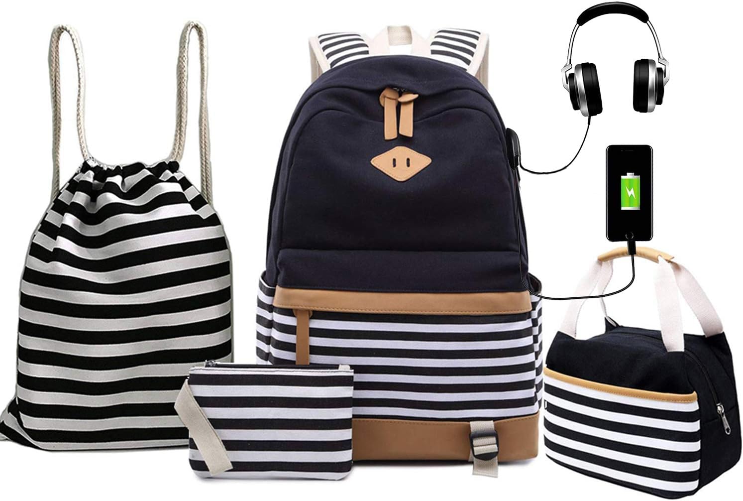 School Backpack USB Book Bags Drawstring Lunch Bag Pencil Case for Women Teen Girls (4IN1, Black)