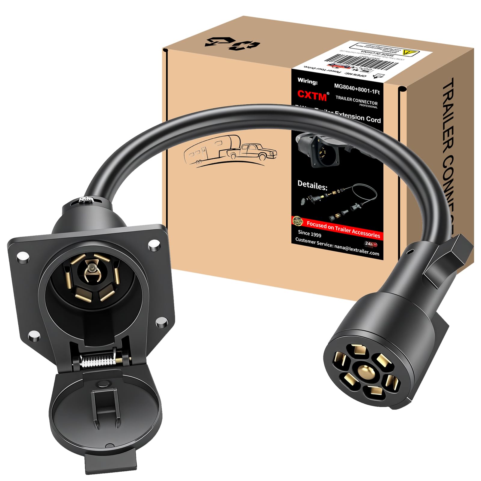 Photo 1 of CXTM 7 Way Trailer Extension Cable(1FT), 7 Pin Trailer Extension Cord, Gooseneck Hitch 7 Way Trailer Plug Extension 7 Blade Trailer Wiring Connector for Rv Truck, Camper (1ft)