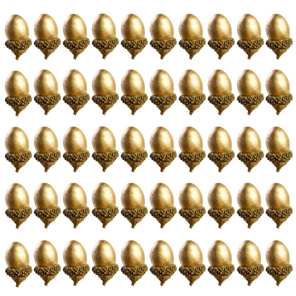 Ziyero 50 Pcs Artificial Acorns with Natural Acorn Cap Simulation Small Acorn Set Fruits Props Acorns Decoration for Christmas Decorations, Autumn Table Decorations, DIY Handicraft, Wedding Etc—Golden