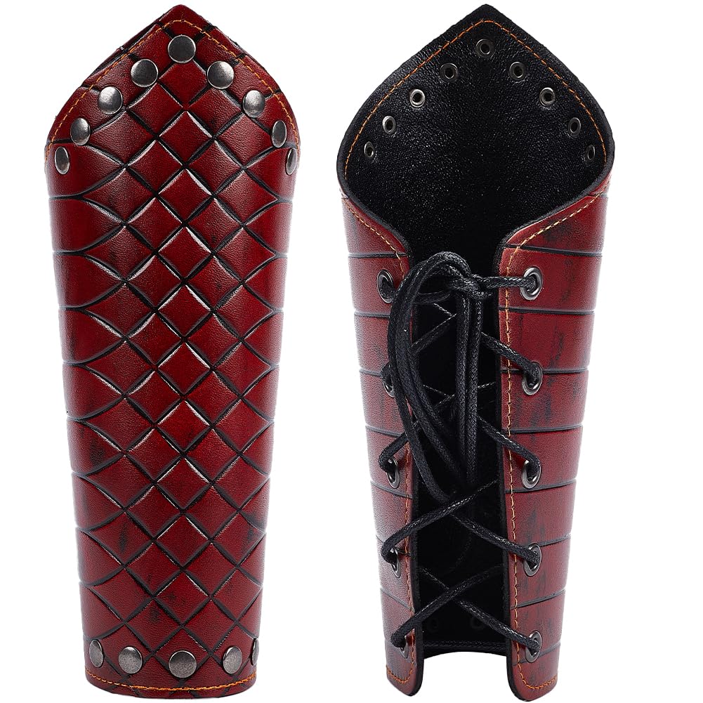 GORGECRAFT 2PCS Leather Arm Guards Medieval Leather Gauntlets Wristband Retro Checkerboard Embossing Armour Bracers Adjustable Leather Arm Armor Cuff for Halloween Knight Cosplay Costume, Dark Red