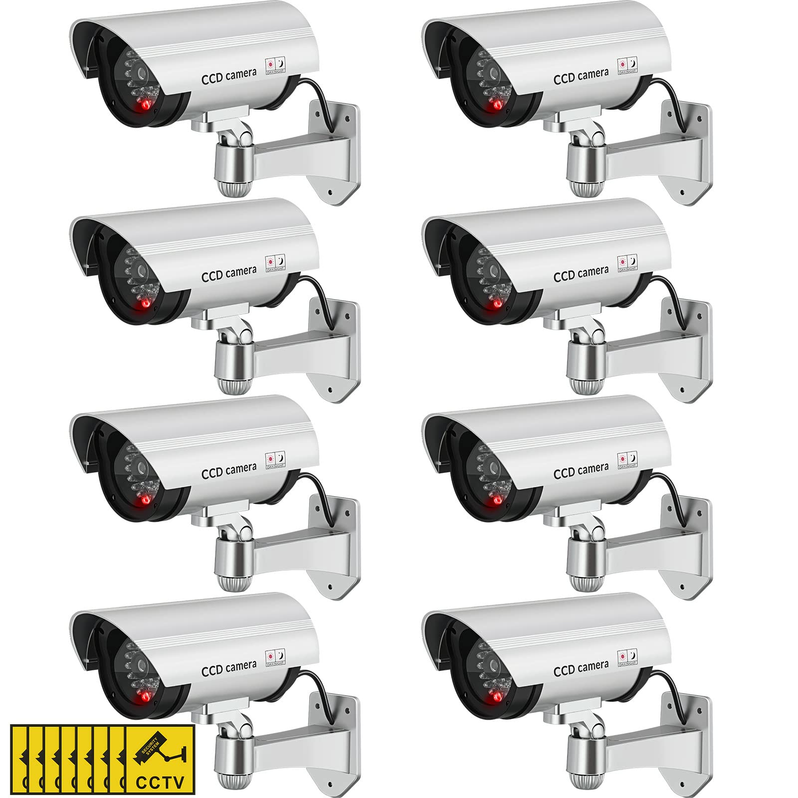 Photo 1 of Macarrie 8 Pcs Fake Camera Realistic Dummy Security Camera Plastic Fake Video CCTV Surveillance System with Motion LED Light for Home Outdoor Indoor, No Battery Included(Silver)