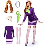 For G and PL 6 Pcs Women Halloween Costume Sets Purple Long Sleeve Party Mini Dress with Headband Scarf XS-2XL