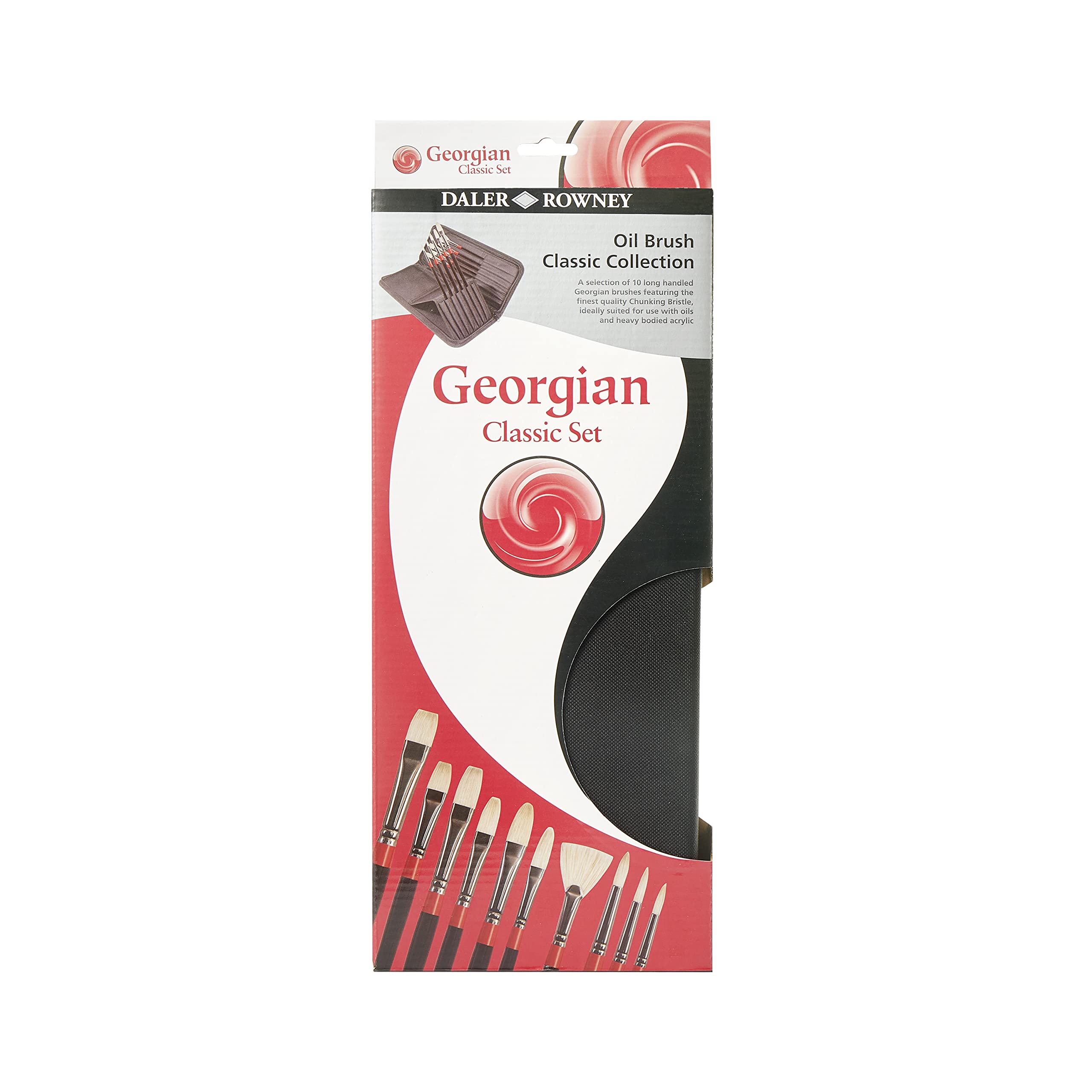 Daler-Rowney Georgian Oil Long Handled Brush Zip Case Classic Set, Natural Hog Bristle, 10 Assorted Brushes, Ideal for Professional Artists & Students, Black Handle