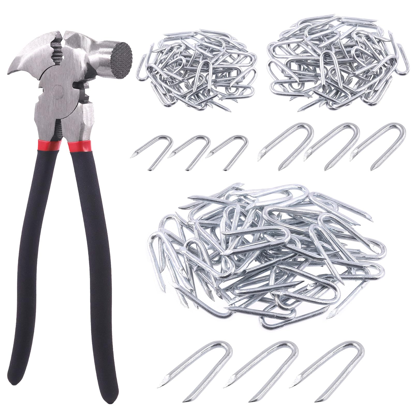 Keadic 151Pcs Galvanized Steel Wire Fencing Staples Assortment Set and Fencing Pliers with Hammerhead, 20mm 30mm 40mm Length U-Shaped Fasteners Nails and Fence Tools for Wire Mesh Woven