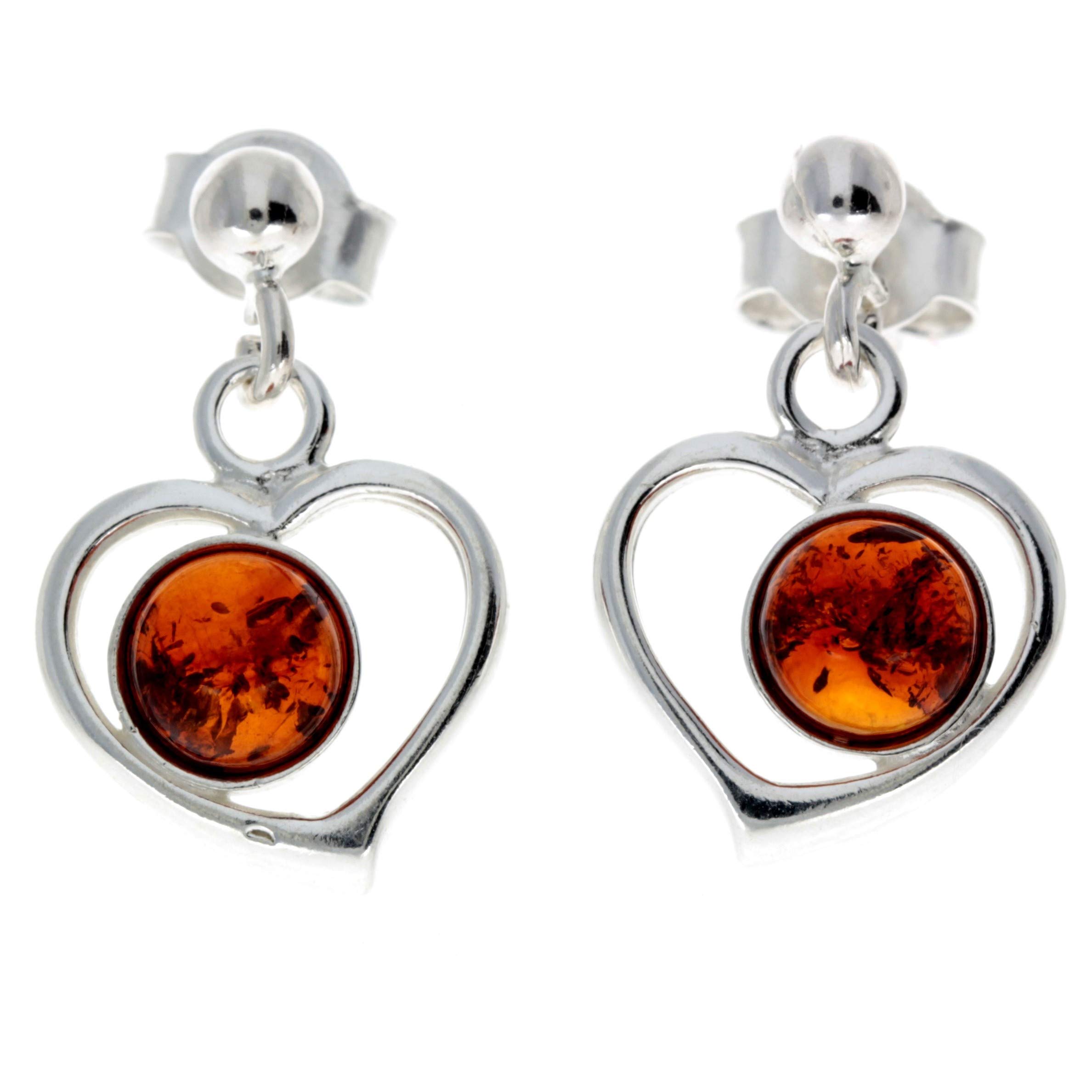 Modern Genuine Natural Cognac Baltic Amber and 925 Sterling Silver Drop Studs Hearts Earrings 5348C