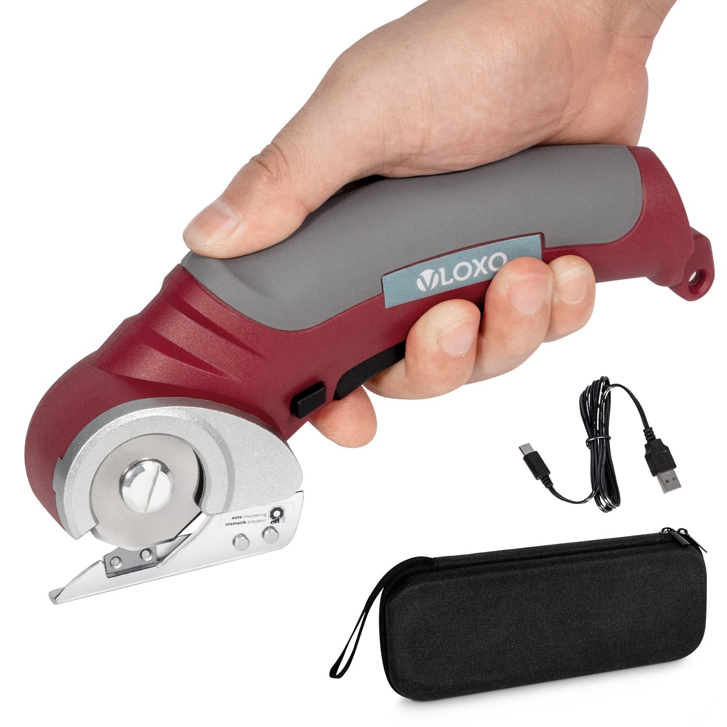 VLOXO Cordless Electric Scissors for Fabric with Safety Lock 4.2V Rotary Cutter Handheld Portable Rechargeable Powerful Fabric Cutter for Carpet, Leather, Felt with Storage Box