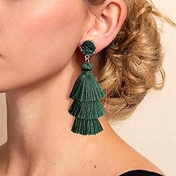 Me&Hz Deep Green Layered Tassel Drop Earrings for