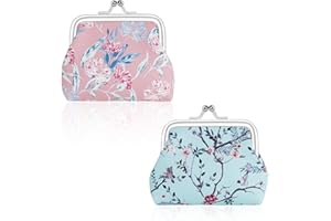 FuninCrea 2 Pcs Faux Leather Coin Purse for Women with Kiss Lock, Floral Pattern Change and Coin Wallet Double Clasp Closure Mini Wallet for Cash Key (Blue+Dark Pink)