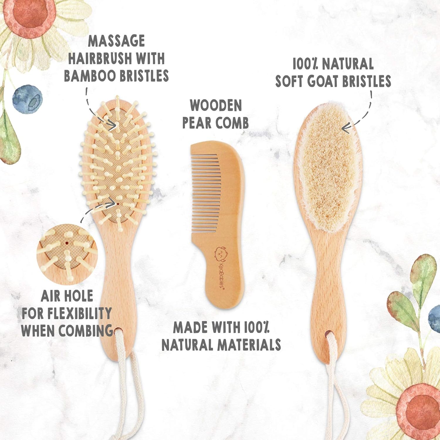 Baby Hair Brush and Comb Set for Newborn - Wooden with Soft Goat Bristle, Newborns Girl, Boy, Toddler Cradle Cap (Oval, Walnut) - Image 3