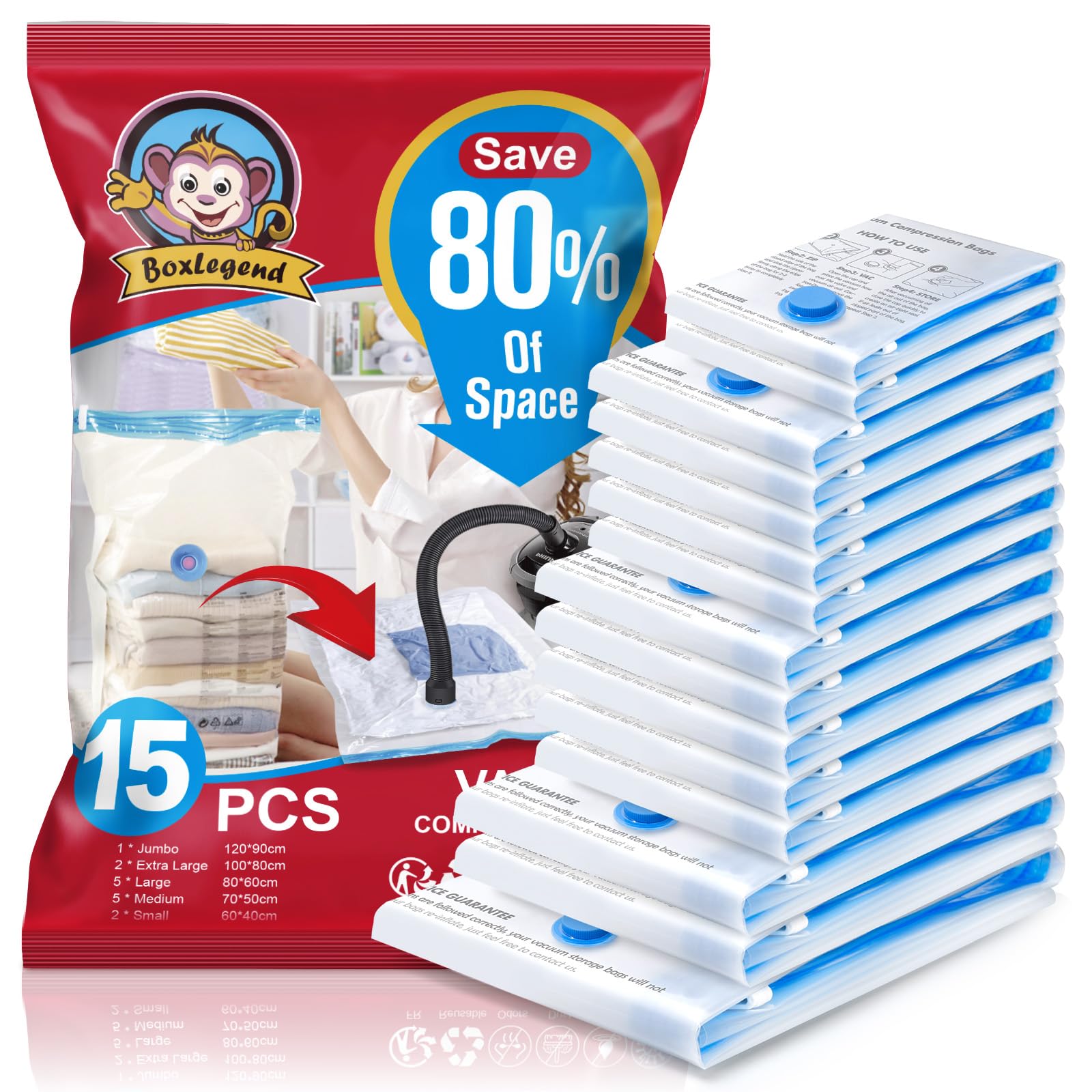 BoxLegend Vacuum Storage Bags 15 Pack Space Saving Bags Thicker Type 80mm 1XXL + 2XL+ 5L + 5M + 2S Double Zip Seal & Leak Valve Reusable for Clothes Comforters Bedding Pillow