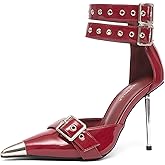 NEWBELLA Women's Pointed Toe Pumps Stiletto Heels Ankle Strap Sandals Metal Buckle Vintage Dressy Pumps Shoes
