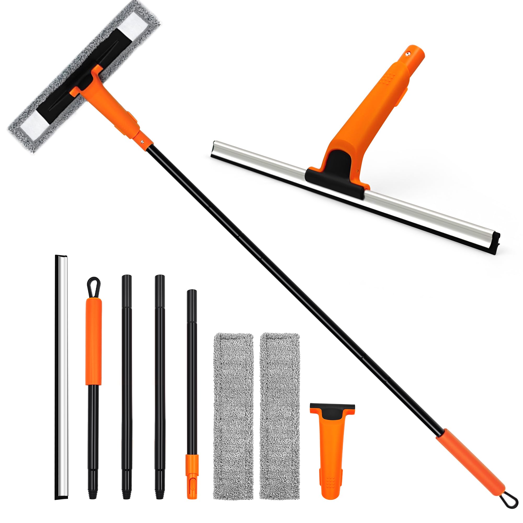 JEHONN Window Shower Squeegee for Glass Door with 152 CM Long Handle, Professional Floor Squeegee Mop for Cleaning Garage Tile Concrete Mirror Windshield Bathroom Home Car, SQ-03, Orange