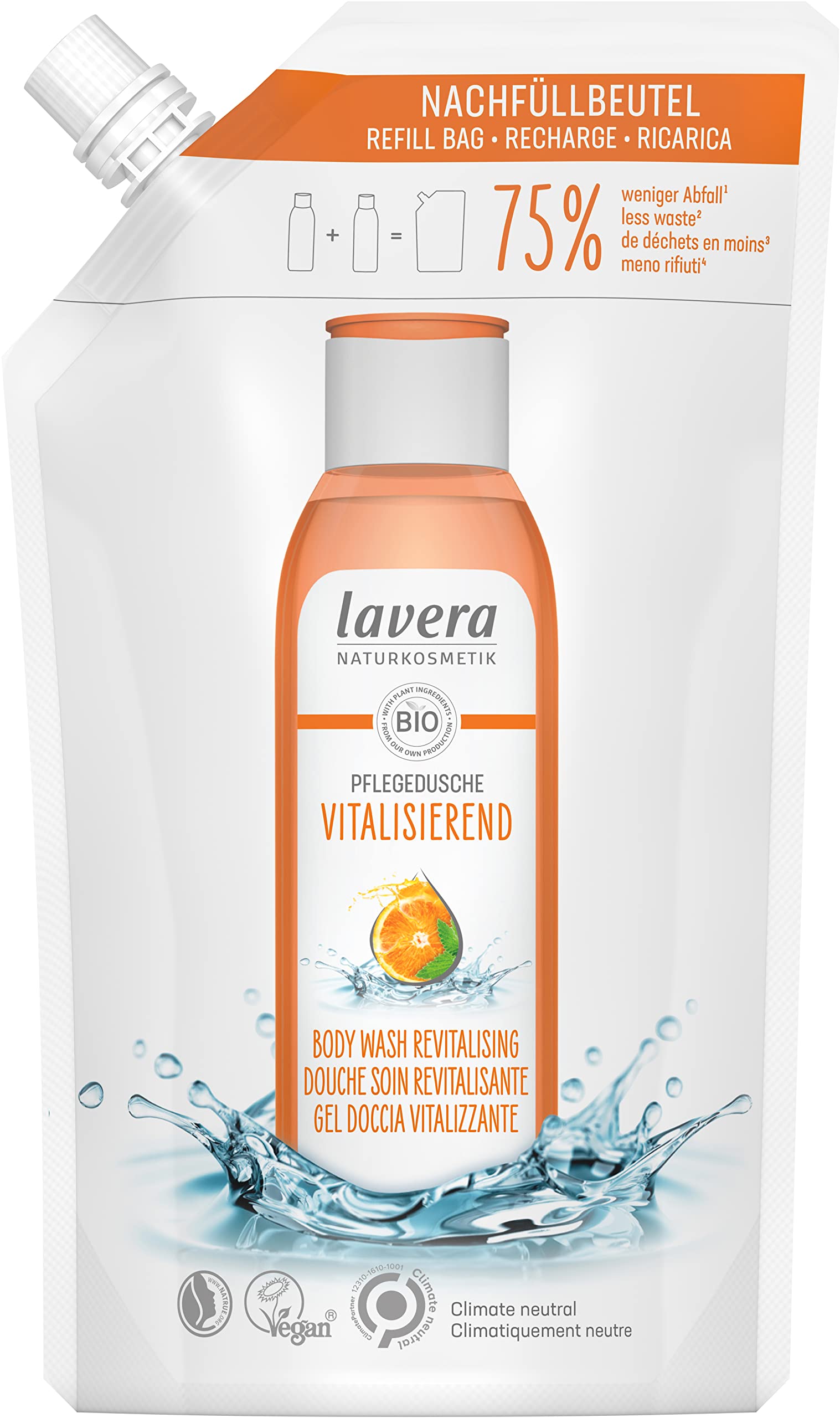 lavera Refill Bag Body Wash Revitalising - Organic Orange & Organic Mint - Natural Cosmetics - Vegan - Shower Gel - pH Neutral - Cleans Especially Gently - 1 x 500 ml