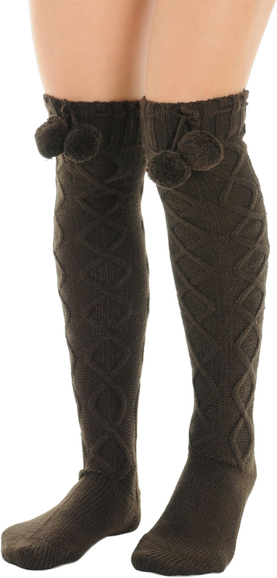 Womens Brown Over the Knee Socks Pom Poms Boot Socks Diamond twist pattern