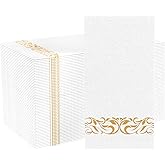200 Pack Disposable Paper Napkins, Linen-Feel Paper Hand Towels, Elegant White Napkins with Gold Design for Kitchen, Wedding, Parties, Dinners or Events (12" x 17")
