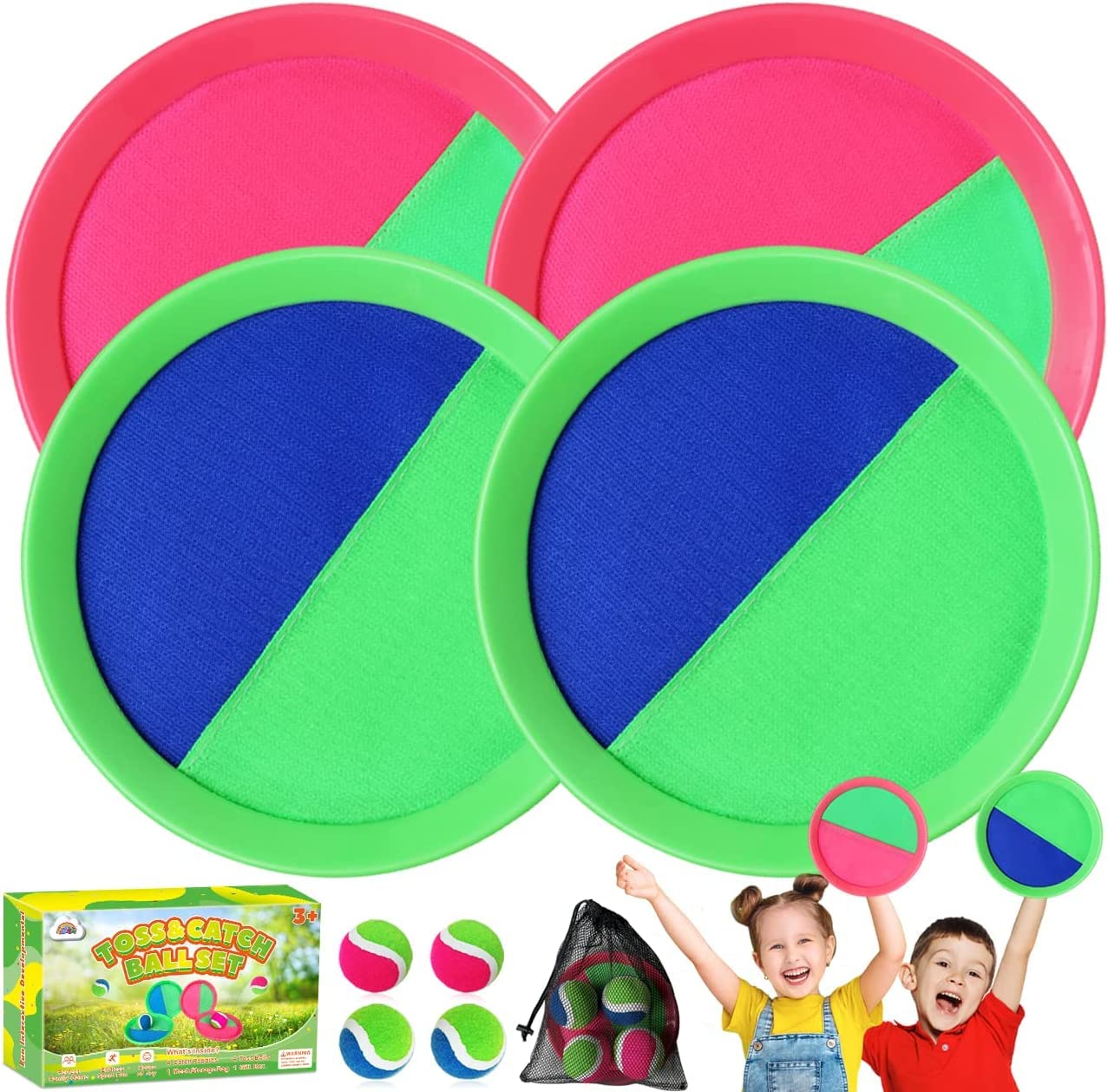 ZMLM Toss Catch Ball Toy Set: Beach Yard Lawn Sport Game Activity Backyard Fun Outside Indoor Family Outdoor Toy for Age 3-12 Girl Boy Kid Birthday Gift with 4 Sticky Paddles 4 Throw Balls (A Green)
