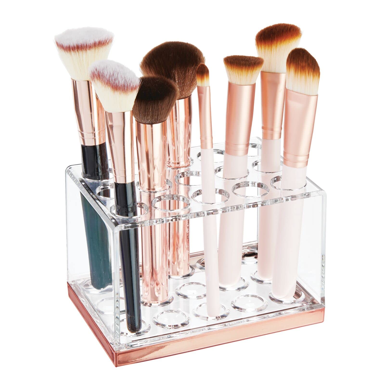 mDesign Makeup Brush Holder – Cosmetic Organiser for Dressing Tables and Countertops – Makeup Storage with 15 Compartments for Makeup and Powder Brushes – Clear/Rose Gold