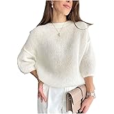 SHENHE Women's Solid Color Crewneck Off Shoulder 3/4 Sleeve Mohair Lightweight Pullover Sweater