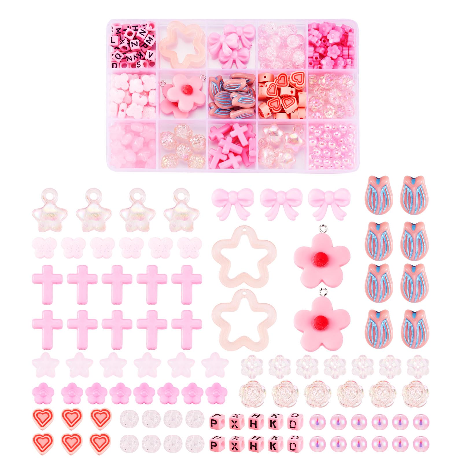 Crafans 225Pcs Assorted Acrylic Beads&Charms Jewelry Making Kits Cube Letter Beads Flower Butterfly Cross Bowknot Spacer Beads Bulk for DIY Bracelet Jewelry Making,Pink
