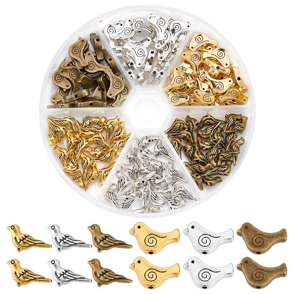 PH PandaHall 120pcs 6 Styles Bird Spacer Beads, Tibetan Alloy Beads Animal Beads Metal Craft Beads Loose Beads Connector Beads for DIY Earrings Bracelets Necklaces Chokers Pendants Jewellery Making