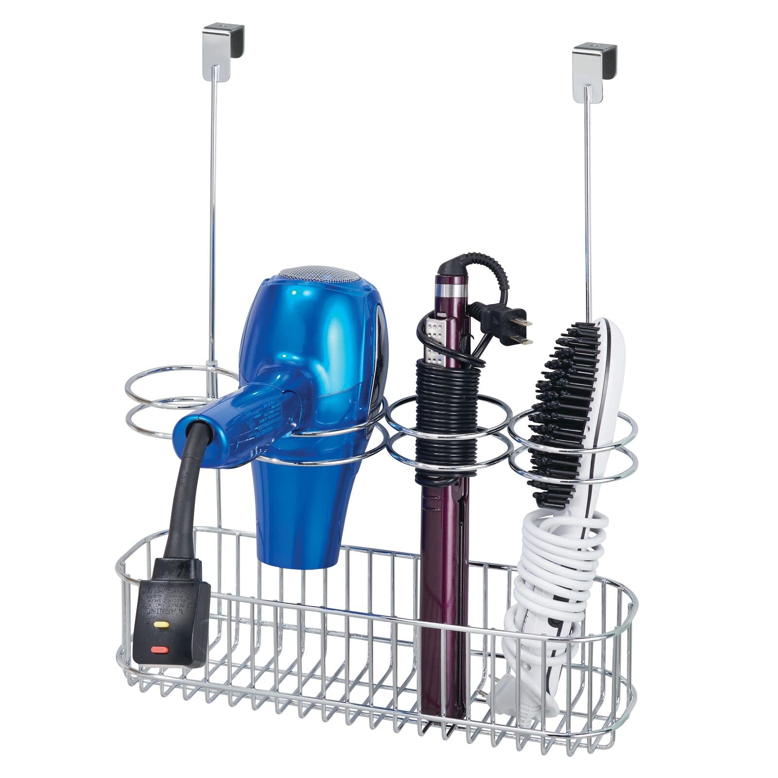 mDesign Hair Dryer Holder Stand - Extra Large Hair Dryer Storage Unit with Multiple Storage Slots - Over Door Hanging Basket and Stand - Chrome