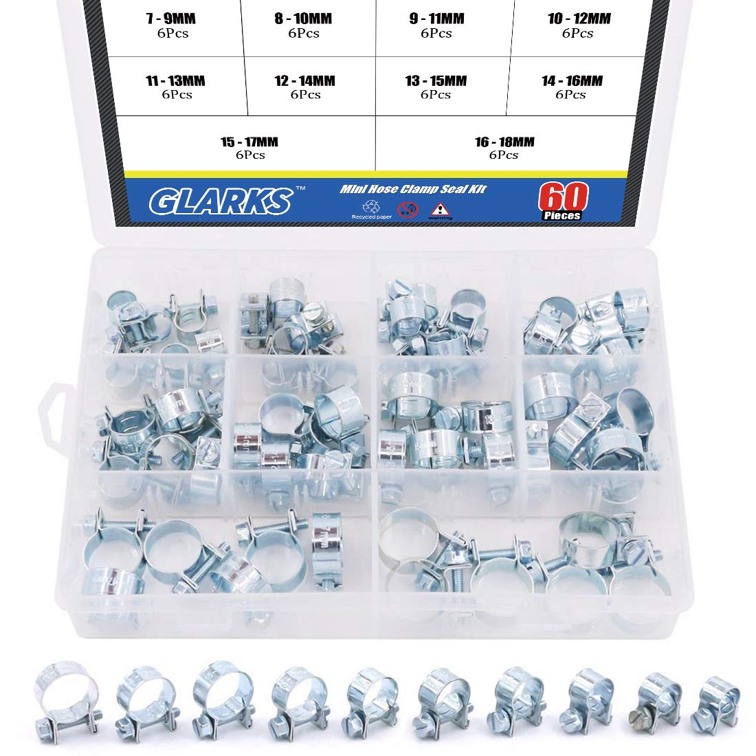 Glarks 60Pcs 10 Size Mini Fuel Injection Style Hose Clamp Assortment Kit For Diesel Petrol Pipe