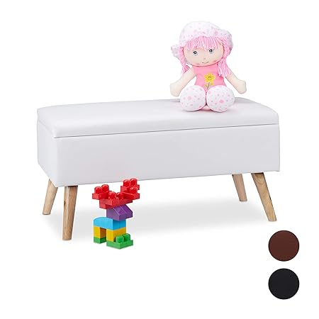 Relaxdays Sitzbank mit Stauraum, 40 L, gepolstert, Holzbeine, Truhenbank Kunstleder, HxBxT: 40 x 80 x 39,5 cm, weiß