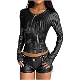 SHENHE Women's Diamond Mesh Sheer Tops Long Sleeve Y2k Slim Fit Party Rhinestone Top