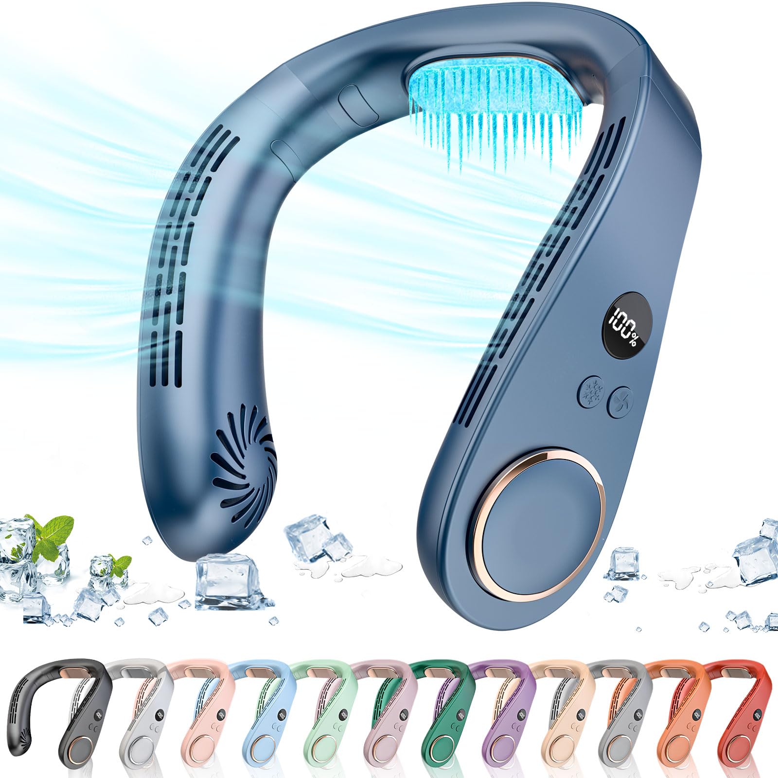 Neck Fan Air Conditioner,Personal Cooling Device,Neck Air Conditioners Portable Neck AC Rechargeable Battery Powered,USB Silent Headphones Round Leafless Necklace Fan for Women Men Adults Kids Blue