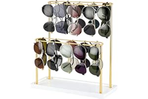 Himake Sunglasses Organizer Glasses Holder Stand for 28 Pairs of Eyewear, 2 Tier Eyeglasses Display ,Gold Sunglass Storage Rack Metal Frame with Wood Base for Table Desk Countertop Dresser Bedroom