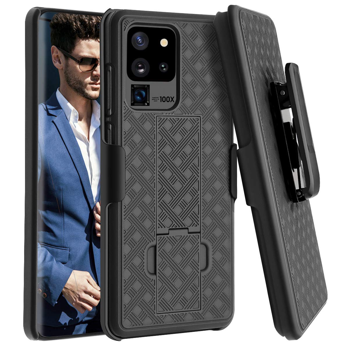 Photo 1 of Fingic for Samsung Galaxy S20 Ultra Case Belt Clip Holster Case Slim Combo Shell with Kickstand Swivel Belt Clip Holster Rugged Protective Cover for Samsung S20 Ultra 6.9 inch 2020-Black