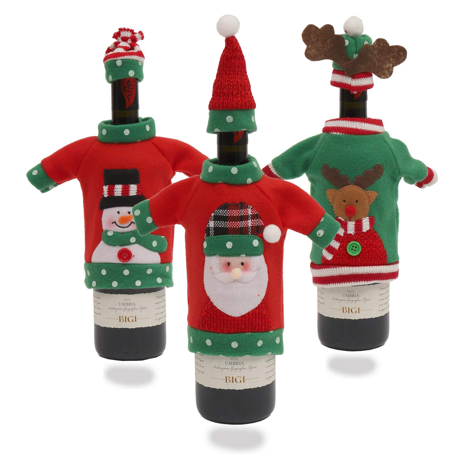 SUNTRADE 3-Pack Ugly Sweater Christmas Wine Bottle Covers,Wine Sweaters Cover Dress with Hat for Gifts Home Party Table Decorations