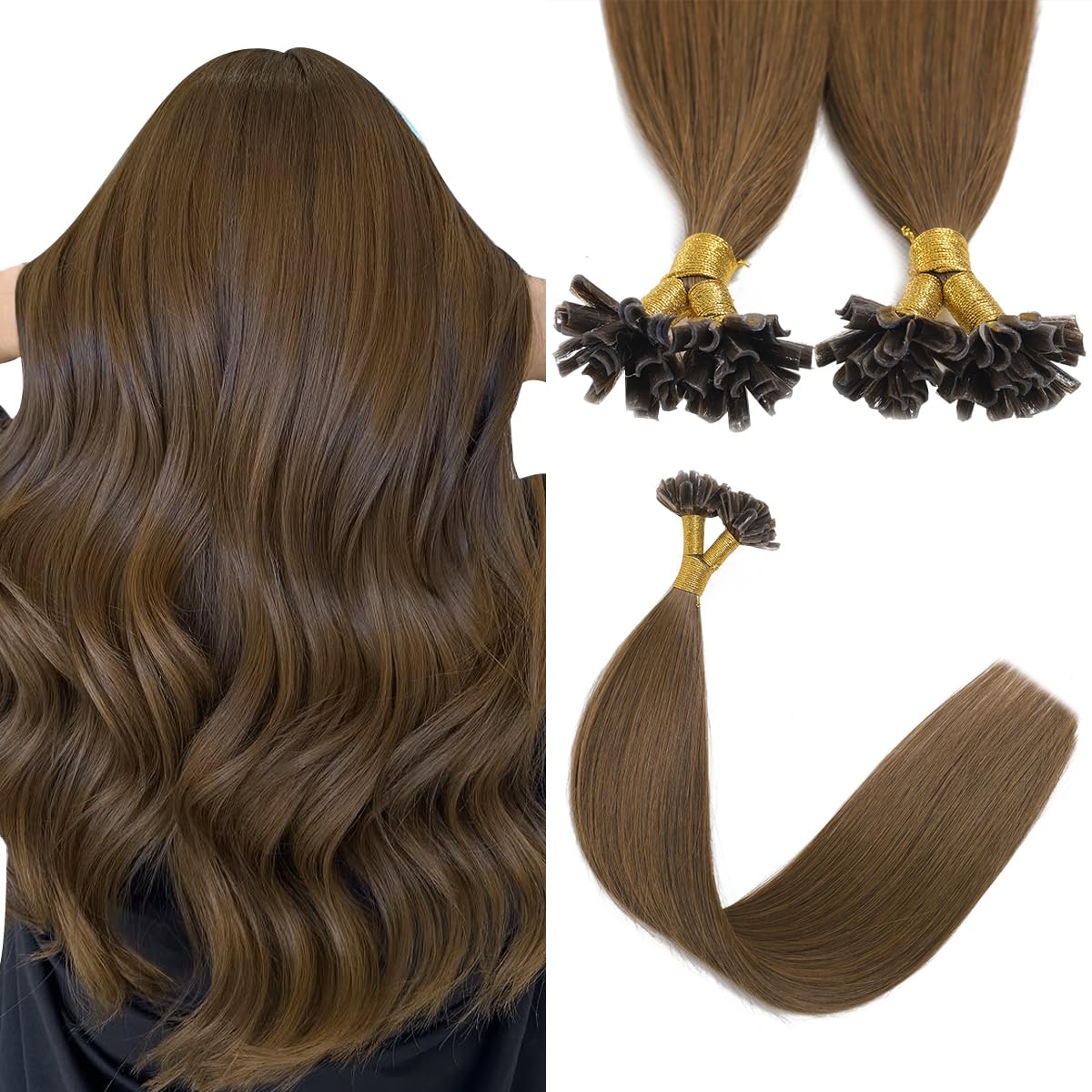 Sindra U Tip Hair Extensions Real Human Hair, 14 Inch 40 Gram 50 Strands Medium Brown Pre Blonded Fusion Extensions Straight #4 14inch — image 1