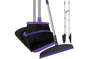 UDUK Broom with Dustpan Combo Set and Silicone Air Broom Kit, 51" Long Handle Floor Squeegee, Purple Household Kit for Glass 