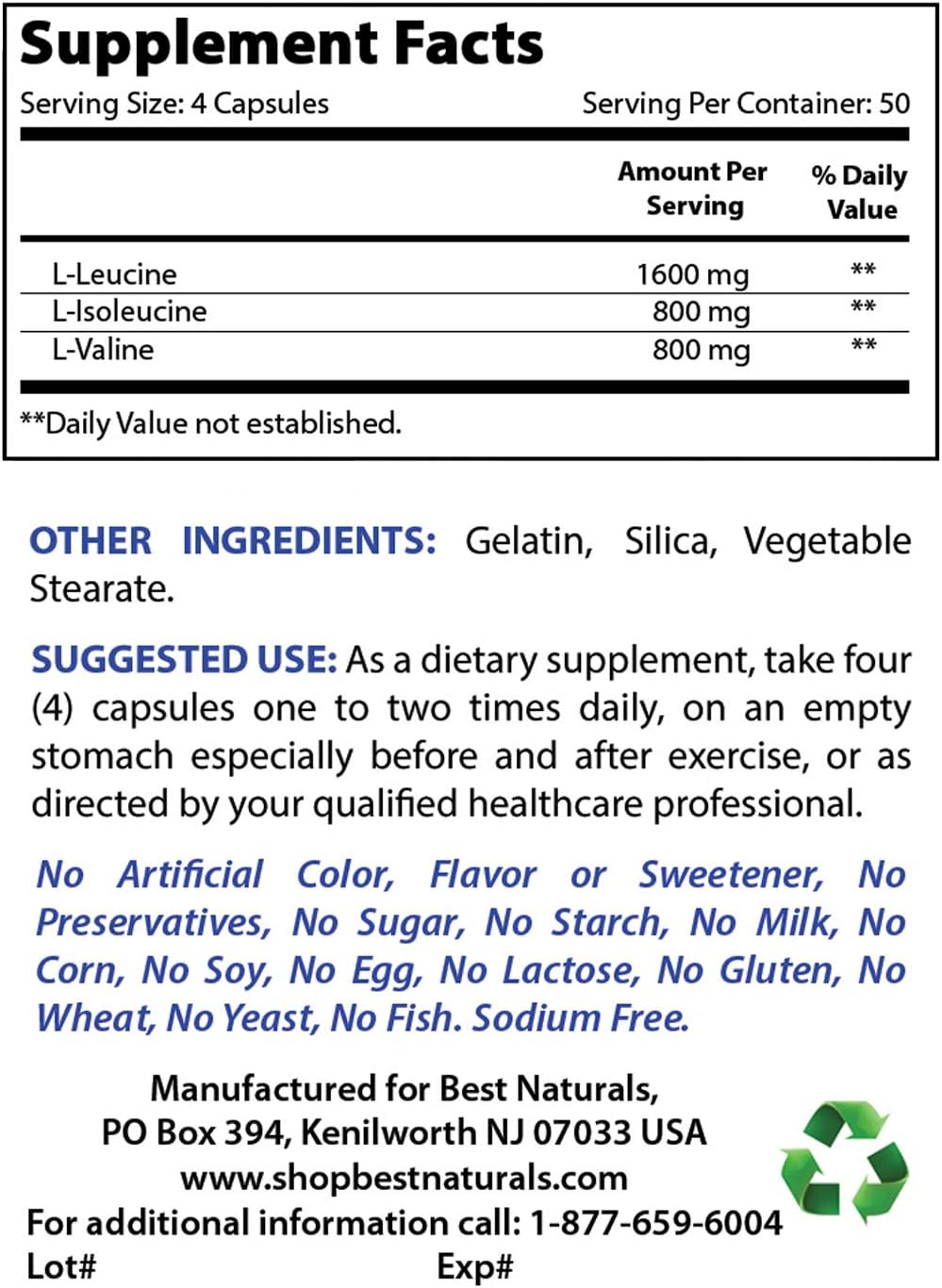 Best Naturals BCAA Branch Chain Amino Acid, 3200mg per serving, 200 Capsules - Pharmaceutical Grade - 100% Pure Instantized Formula - Image 3