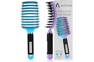 HIPPIH 2 Pack Boar Bristle Hair Brush, Wet & Dry No Pull Curved Vented Hair Brush, Styling Magical Brush Detangler for Kids & Men, Hairbrush for Women Can Adds Shine & Smooth Curly Thick Hair