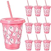 Acellegic 10 Pcs Halloween Ghost Plastic Cups with Lids and Straw Pink Ghost Boo Tumbler 16oz Reusable Drinks Cups for Cold Hot Coffee Movie Night Birthday Halloween Party Favors Decorations