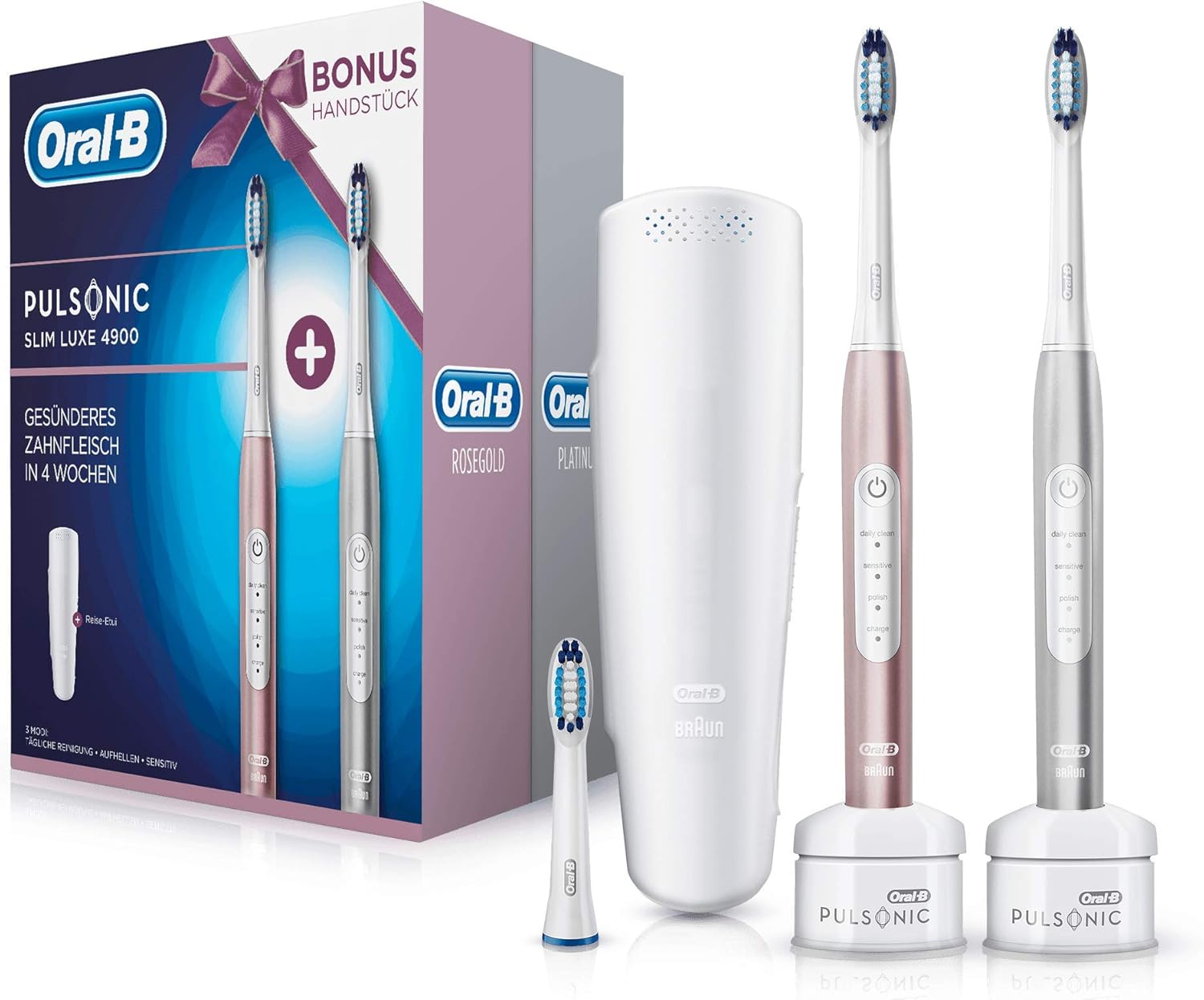 Oral-B Pulsonic Slim Luxe 4900 Elektrische Schallzahnbürste, mit 2. Handstück und Reise-Etui, für gesünderes Zahnfleisch in 4 Wochen, roségold und platin