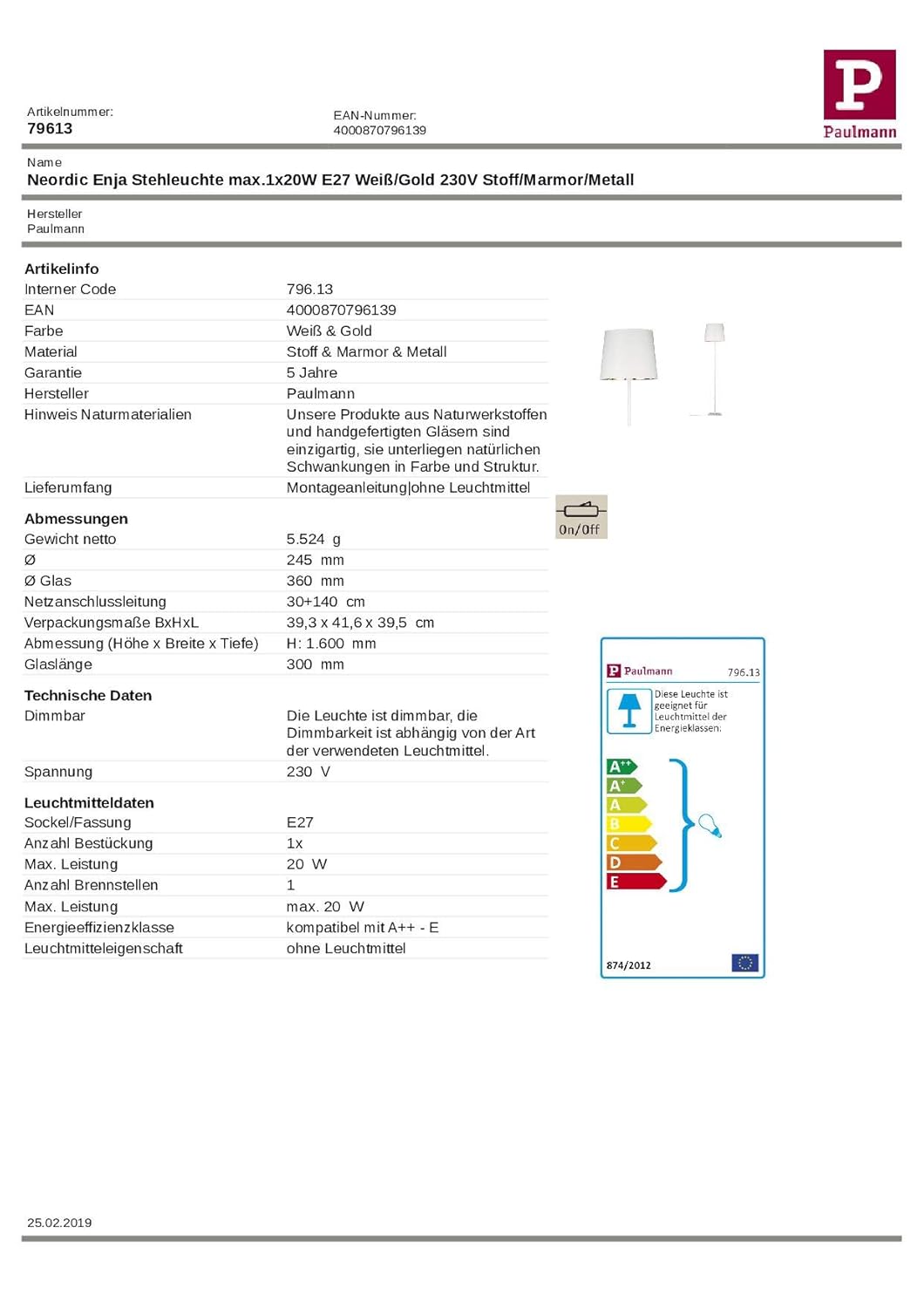 Paulmann 79613 Neordic Enja Stehleuchte max. 1x20W Stehlampe für E27